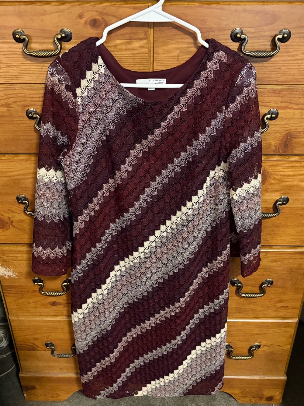 Studio One Burgundy Lace Diagonal Stripe Dress with Cream and Gray Accents